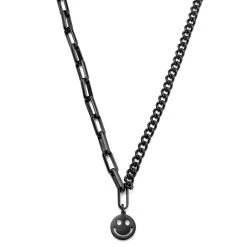 Lucleon Collier Caleb Amager à Double Chaîne Noire, Maille Dorée Et Pendentif Smiley