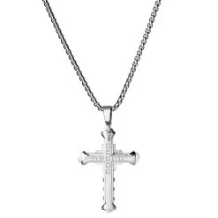 Fort Tempus Collier à Croix Chrétienne En Acier Stratifié Et Pierres.