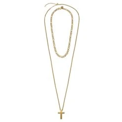 Trendhim Set De 2 Colliers Assortis : Chaîne Figaro Et Pendentif à Croix Dorée