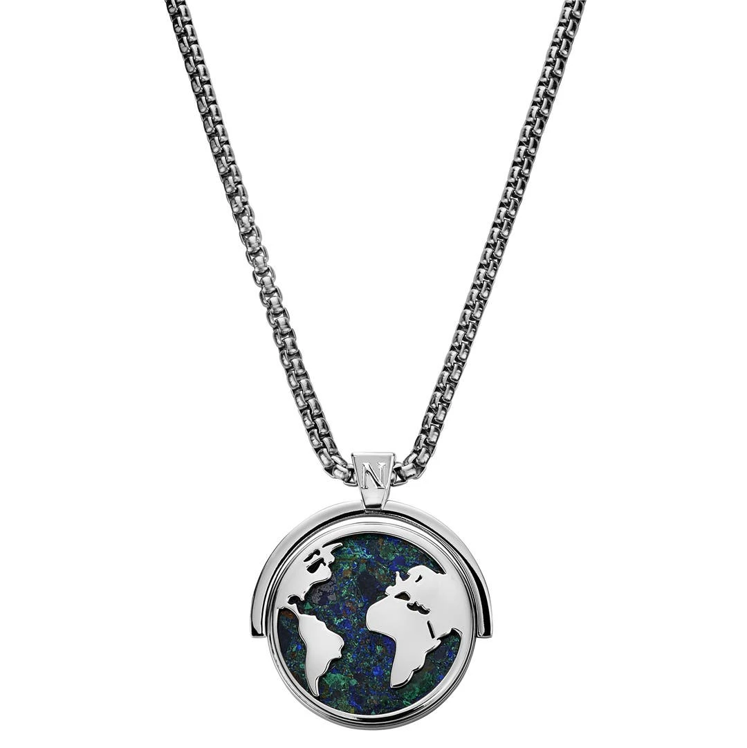 Arkai Atlas | Collier En Acier Inoxydable Argenté à Pendentif Rotatif Mappemonde En Azurite Et Malachite 3 Arkai Atlas | Collier En Acier Inoxydable Argenté à Pendentif Rotatif Mappemonde En Azurite Et Malachite