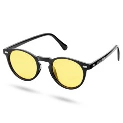 Sidegren Lunettes De Soleil Rétro Noires à Verres Ronds, Jaunes & Polarisés
